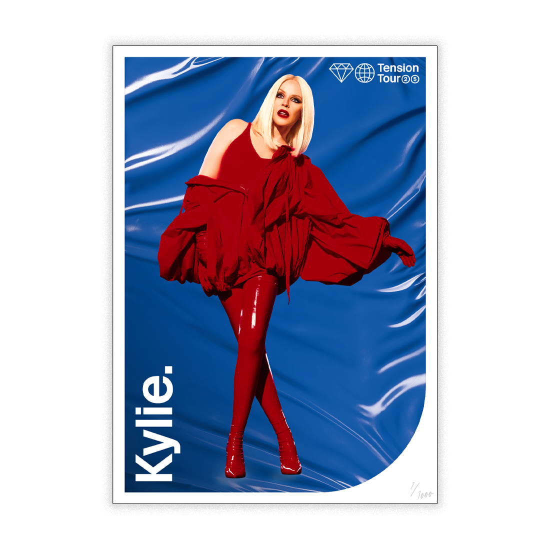 A2 screen print image of Kylie Minogue in a red dress from her 2025 Tension Tour