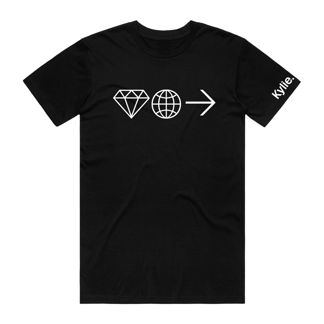 Black t-shirt with white symbols and 'Kylie' branding on sleeve