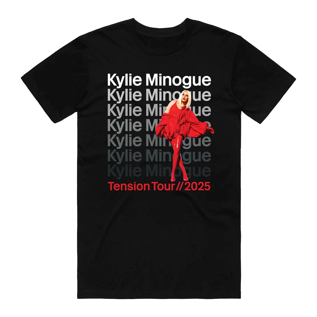 black t-shirt with kylie minogue in red dress