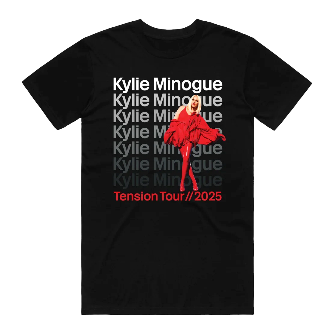 black t-shirt with kylie minogue in red dress