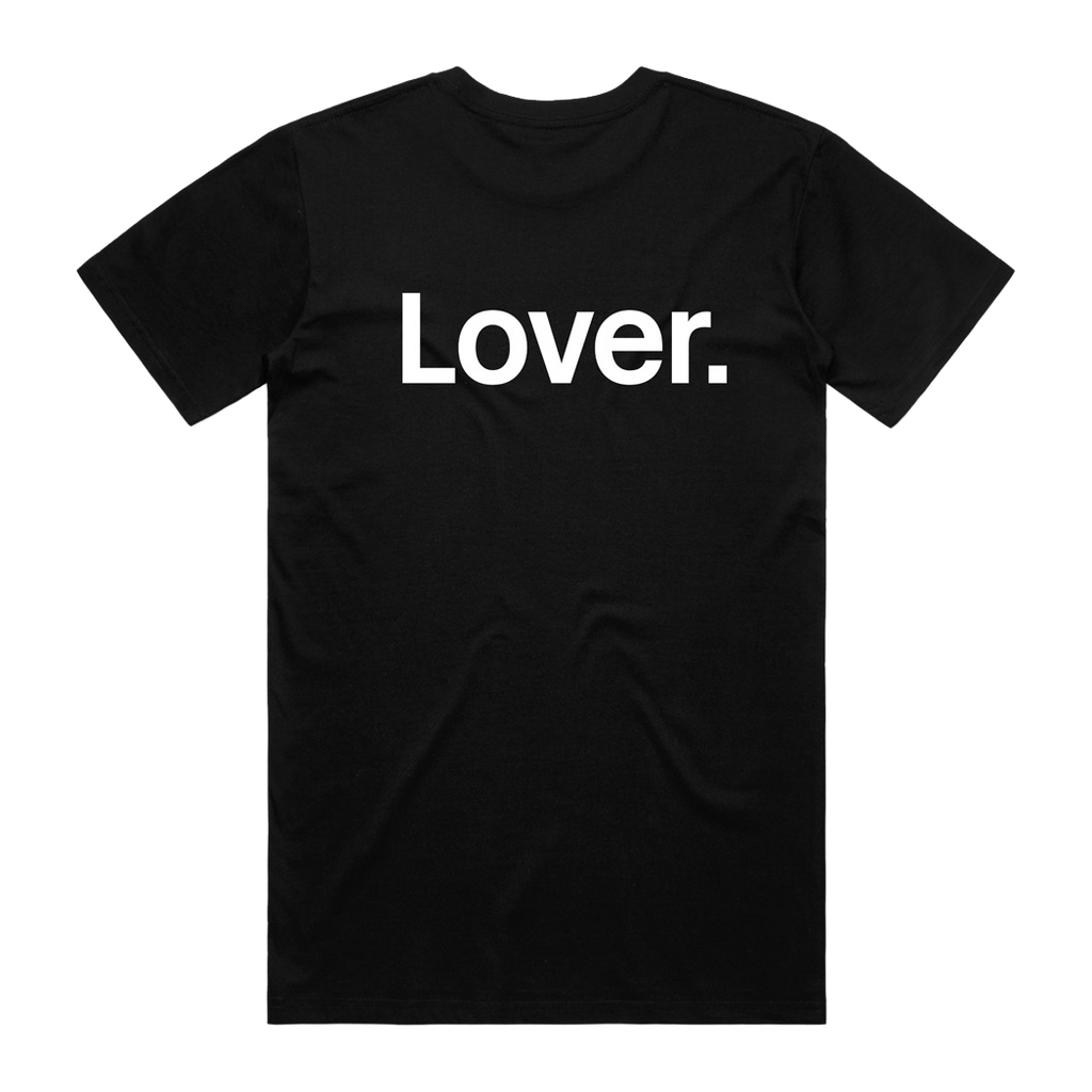 Black t-shirt with 'Lover.' printed in white on back of t-shirt