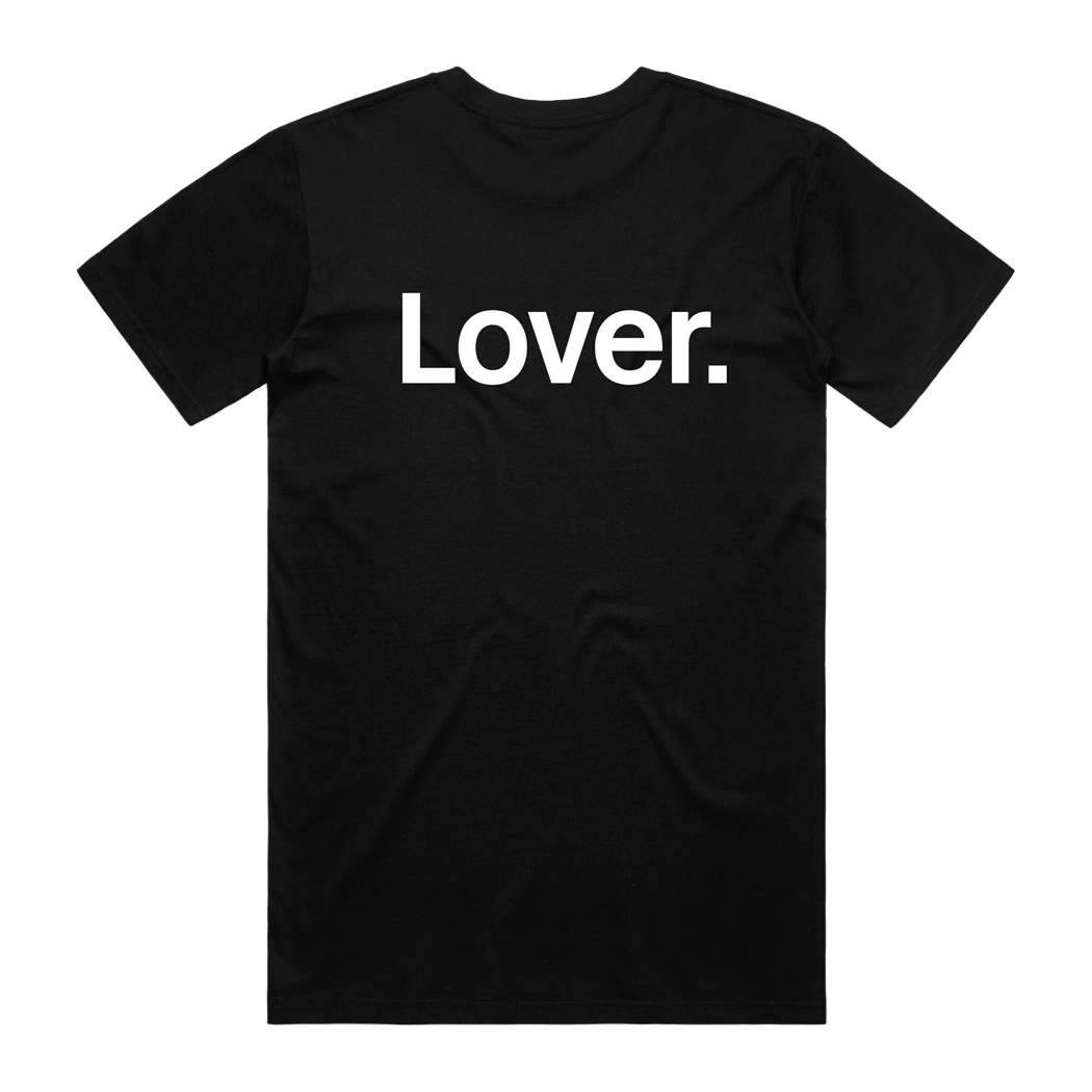 Black t-shirt with 'Lover.' printed in white on back of t-shirt