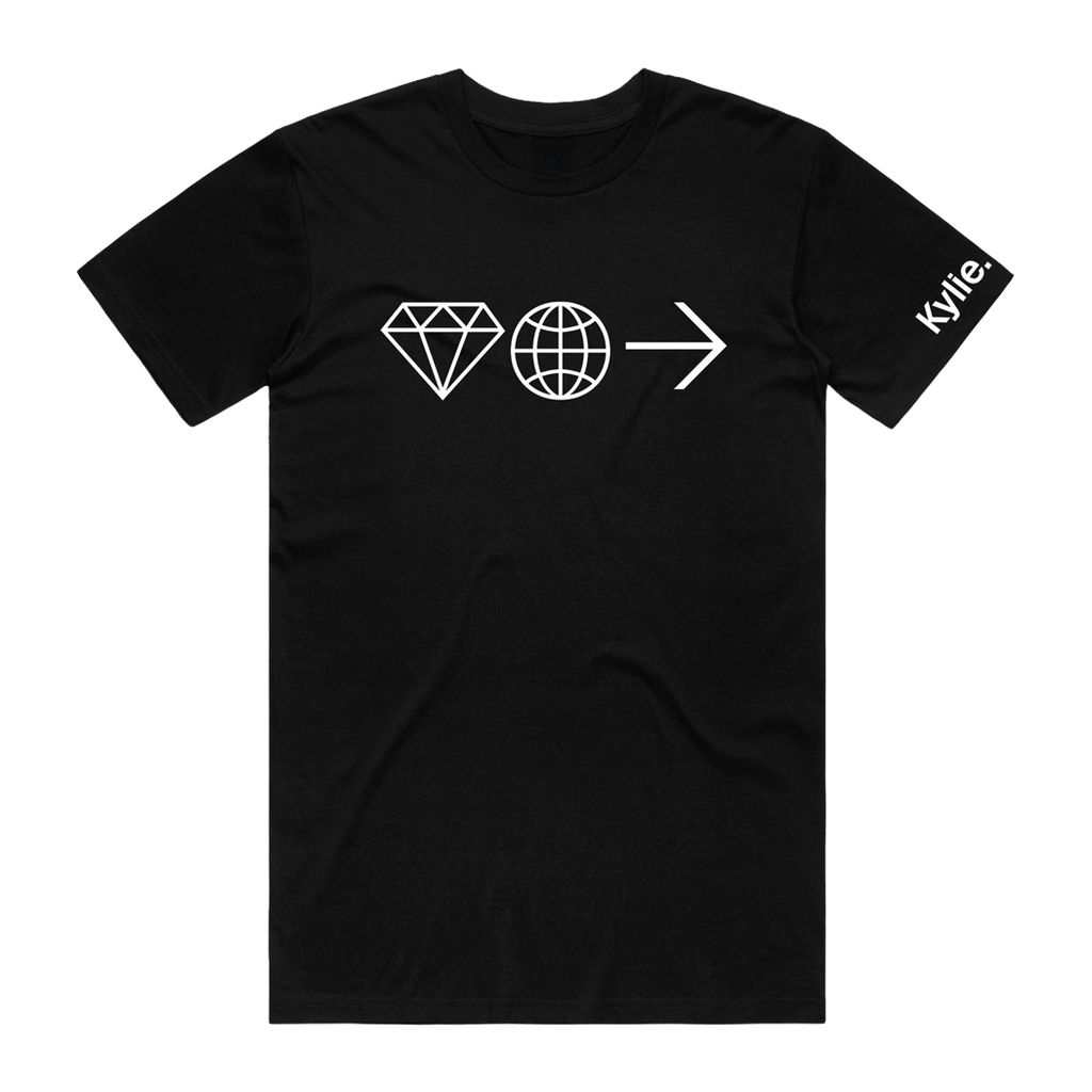 Black t-shirt with white symbols and 'Kylie' branding on sleeve